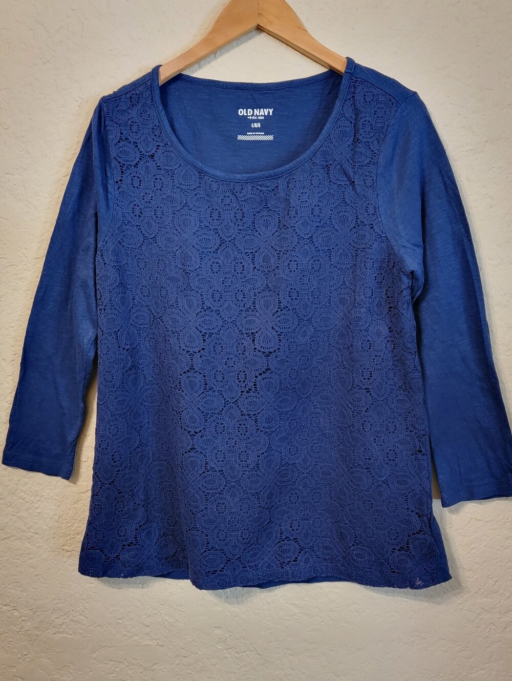 OLD NAVY Blue Lace Lined Top 3/4 Sleeve Scoop Neck Sz L